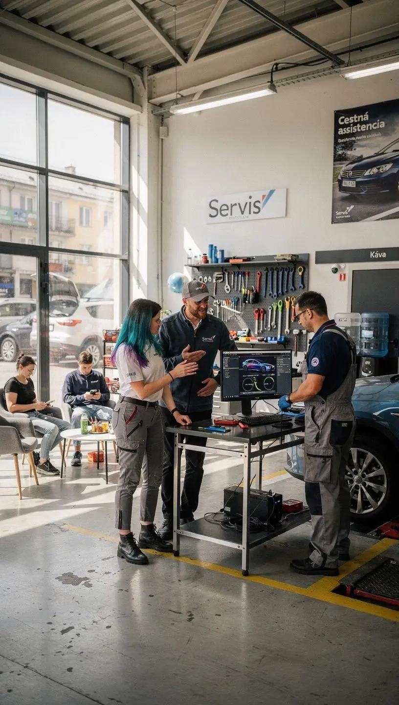 Zákazník konzultuje so servisným technikom podrobnosti o stave vozidla a možnostiach ďalšej opravy.