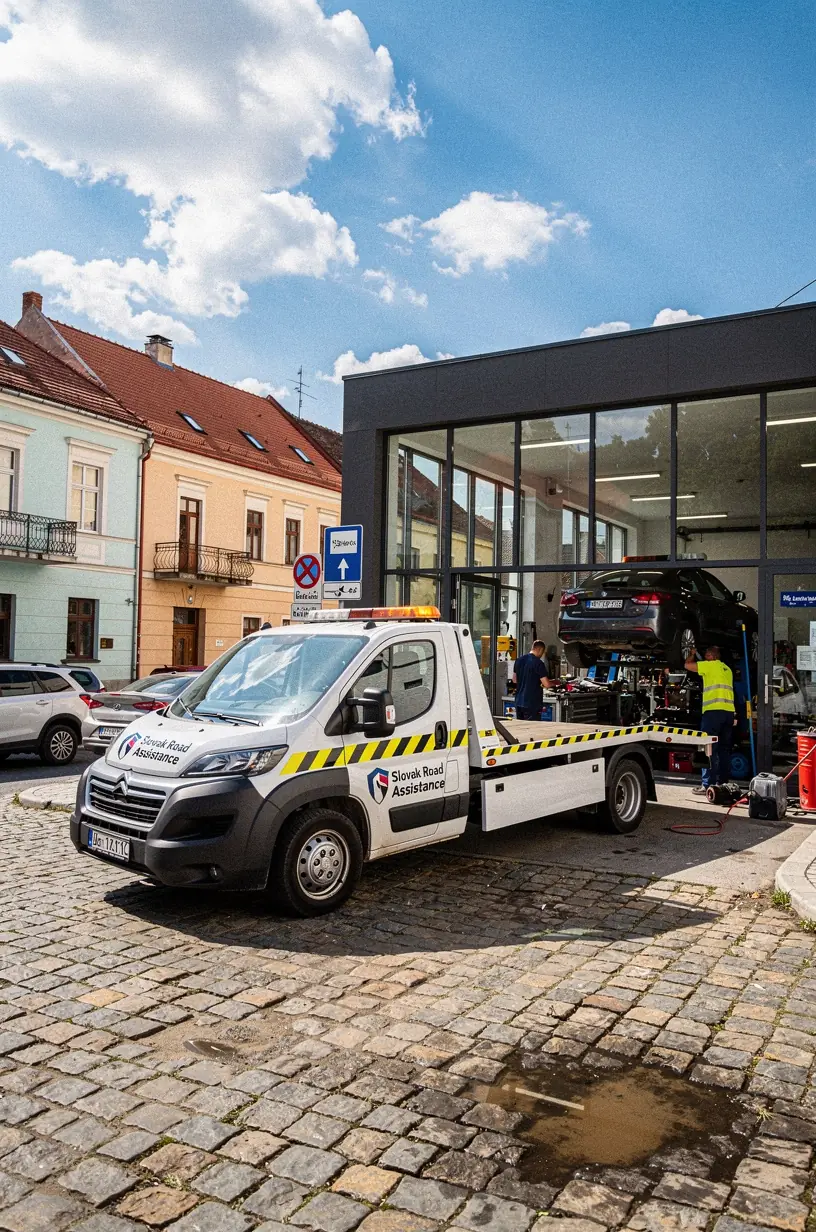 Tím odborníkov pracuje na diagnostike elektronických systémov vozidla v modernom autoservise.