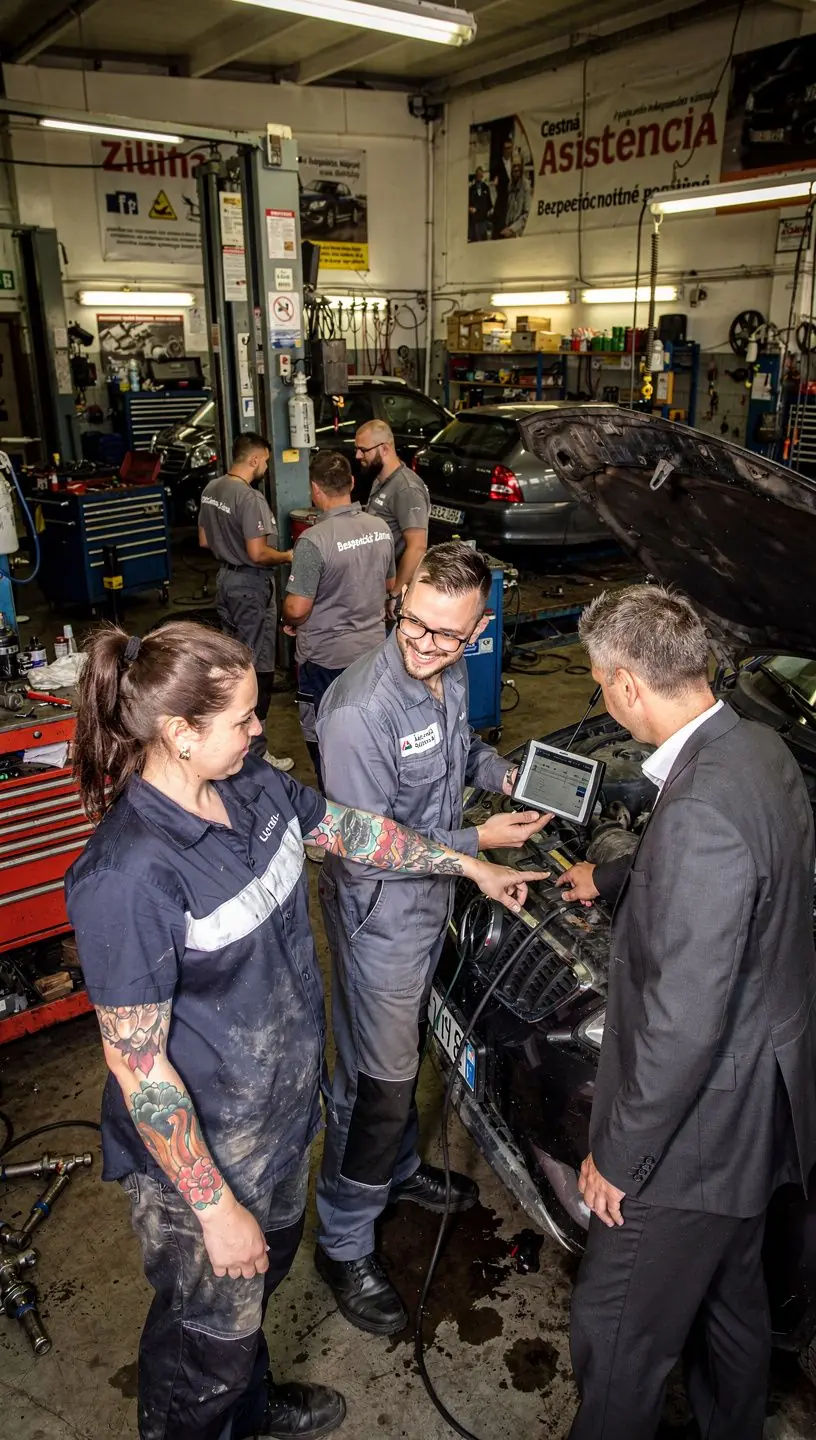Technik montuje nové diely na vozidlo počas núdzovej opravy priamo na ceste, poskytujúc rýchlu pomoc.